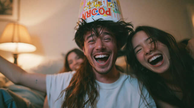 Happy Friends Laughing and Having Fun with Popcorn at Home