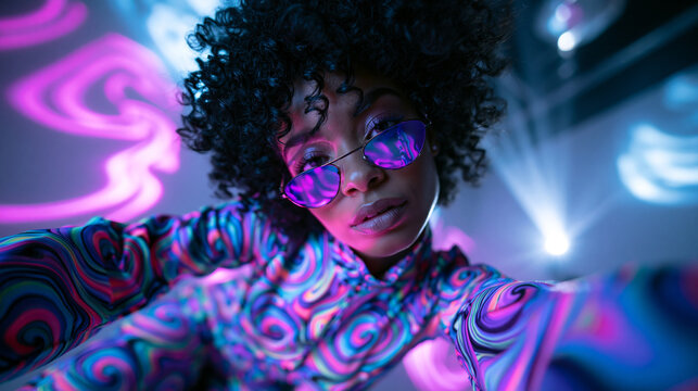 Fashionable Young Black Woman in Psychedelic Outfit Under Neon Lights