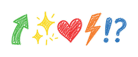 Fototapeta premium Hand drawn crayon symbol collection with green arrow, yellow sparkles, red heart, orange lightning, and blue punctuation, crayon,