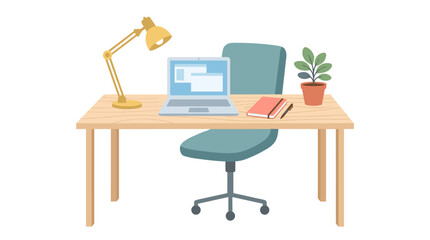 Fototapeta premium Desk Setup: A neatly arranged desk with a laptop, desk lamp, chair, notebook, pen, and a potted plant, creating a simple and functional workspace.