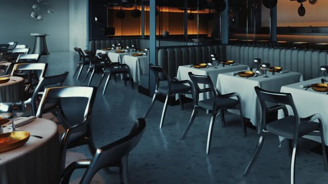 Tables are arranged neatly with plates and utensils at a restaurant. The place has dim lighting and booths along the walls. It is evening with few customers present.