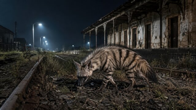Striped Hyena Walking on Old Railroad Tracks at Night Near Abandoned Station. Concept of aardwolf, railway, termite. Copy space.