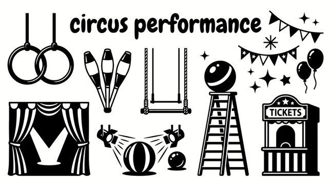 circus attractions featuring big top tents flags juggling balls hoops trapeze equipment circus rings spotlights ticket booths and entertainment for family entertainment festivals performances