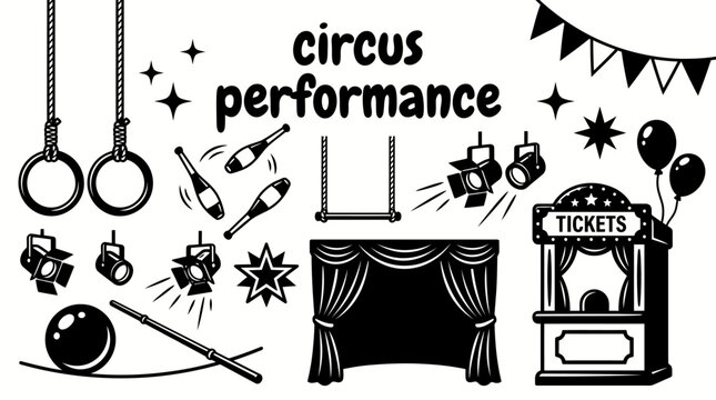 circus attractions featuring big top tents flags juggling balls hoops trapeze equipment circus rings spotlights ticket booths and entertainment for family entertainment festivals performances