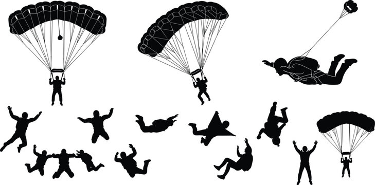 Skydiving Silhouettes Set Skydivers Parachuting Freefall and Wingsuit Vector Illustration