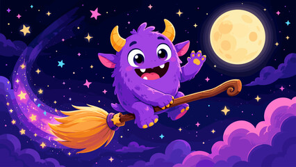 Fototapeta premium Cute purple monster flying on a broomstick through a starry night sky