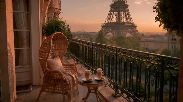 Paris, France, Europe. A vivid portrayal of a balcony overlooking the Eiffel Tower at sunset. The balcony features a wicker chair with a cushioned seat.