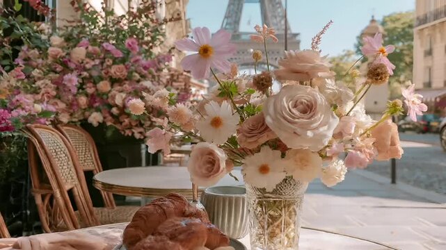 Paris, France, Europe. A vivid, sunlit scene of a Parisian cafe with the Eiffel Tower in the background. The main subject is a table set for breakfast, adorned with a vase of pink and white flowers.