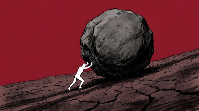 Silhouette of a person pushing a large boulder uphill on cracked earth
