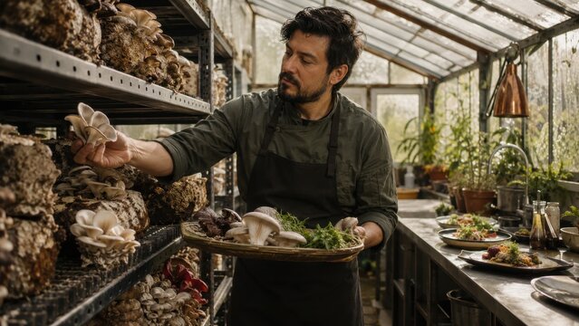 Male Chef Harvesting Fresh Oyster Mushrooms in Greenhouse Farm. Concept of edible, fungi, plant.