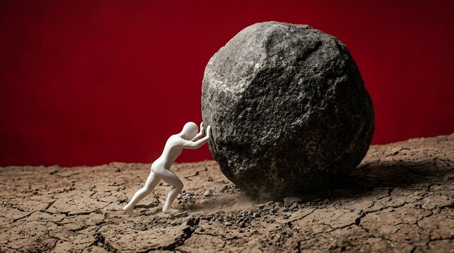 Small person pushing a large boulder up a hill on cracked ground