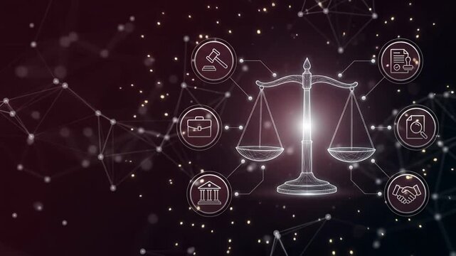 Digital scales of justice glowing in futuristic network