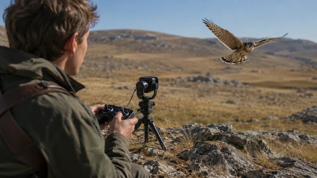Filmmaker Controlling Automatic Camera Tracking Falcon Flying in Mountains. Concept of falconer, joystick, falconer joystick, kestrel, wildlife. Copy space.