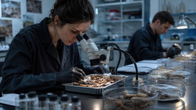 Female Scientist Looking Through Microscope in Entomology Research Laboratory. Concept of forensic, insect, larvae, postmortem.
