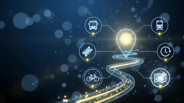 Digital map pin glowing in futuristic transit network