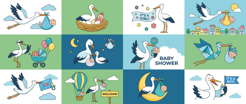 Collection of storks delivering babies and celebrating new arrivals