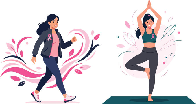 Cartoon style illustration of a woman walking and doing yoga exercises for breast cancer awareness with pink ribbons and floral elements