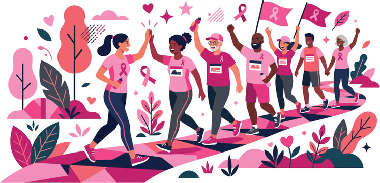 Diverse group of people wearing pink shirts participating in a breast cancer awareness charity walk event for health and community support