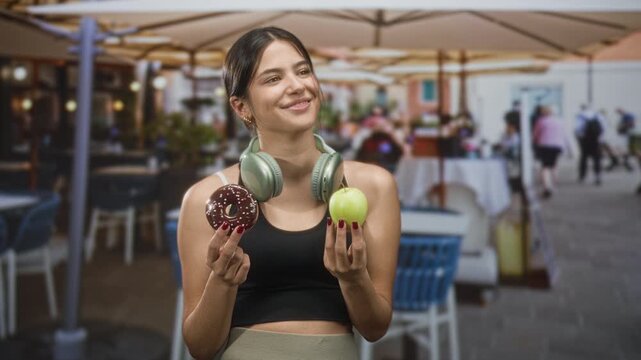 Woman holding a sprinkled donut in right hand and a green apple in left on a street cafe, wearing headphones and sportswear; contentment balance.