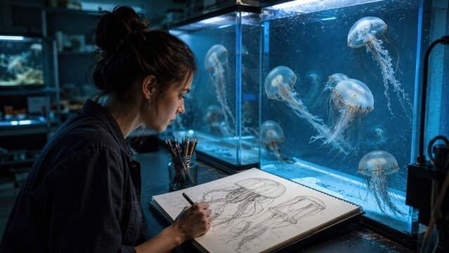 Female Artist Drawing Jellyfish from Life in Dark Studio. Concept of illustrator, laboratory, aquarium, anatomical.