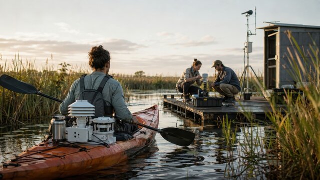 Environmental Scientists Conducting Water and Climate Research in Wetland River. Concept of kayaker, meteorological, sensors, atmospheric. Copy space.