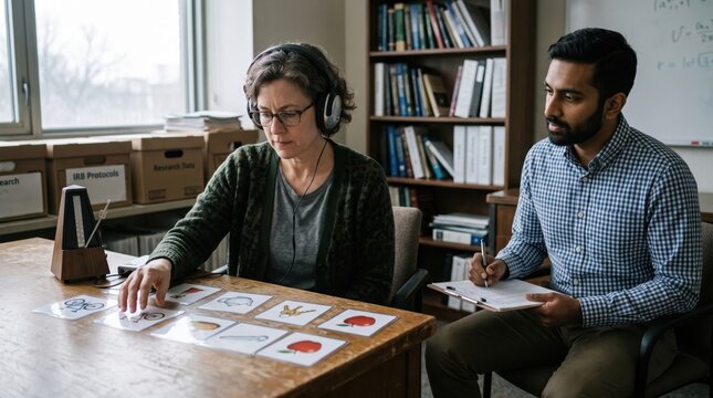 Mature Woman Undergoing Speech Therapy Session with Specialist in Office. Concept of cognitive therapy, rehabilitation, brain injury, occupational therapy.