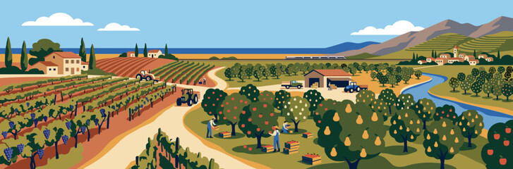 Fototapeta premium Vibrant agricultural landscape with vineyards, orchards, and rural village life