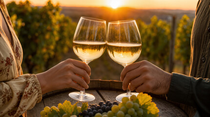 Fototapeta premium Couple clinking white wine glasses at sunset in vineyard. Romantic date during harvest season at winery estate.