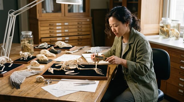 Female Scientist Measuring Bird Skeleton with Caliper in Museum Laboratory. Concept of bone, researcher.