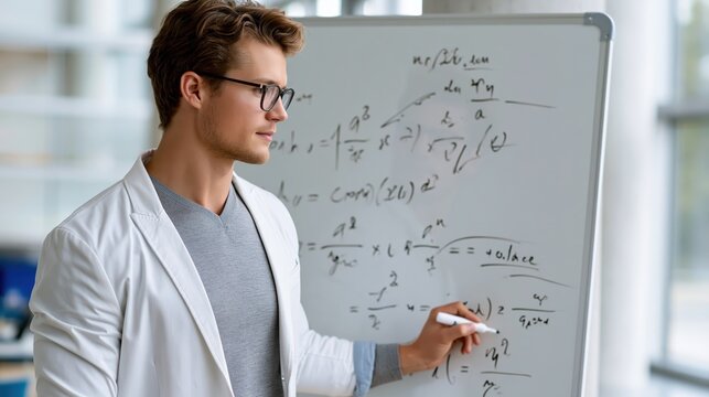 Young male scientist pointing at complex mathematical equations on a whiteboard during a lecture in a bright laboratory setting