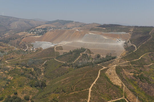 Portugal - 14 August 2026: Aerial view of the Panasqueira mine, the largest wolfram mine in Europe, with tailings piles and industrial infrastructure in a rugged mountainous landscape.