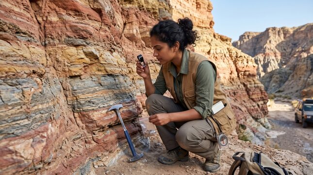 Female Geologist Examining Rock Layers with Loupe in Canyon. Concept of geology, female scientist, field work.