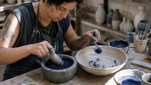 Ceramic artist grinding blue pigment with pestle and mortar in pottery studio. Concept of zaffer, cobalt, oxide, glaze.