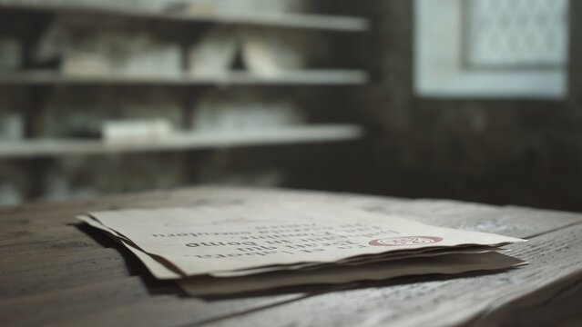 Medieval manuscript sheets with calligraphy text on a rough wooden table inside a scriptorium room with empty shelves