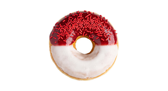 Top view of glazed donut with red fruit topping sprinkles and white icing on white background