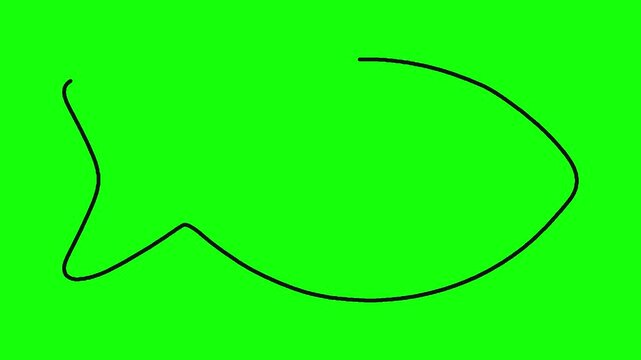 Minimalist hand drawn fish animation appearing and disappearing on chroma key green background.