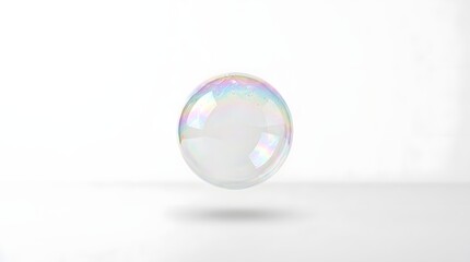 Obraz premium Single soap bubble floating with iridescent colors on a minimalist white background