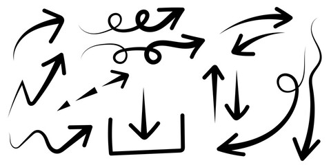 Fototapeta premium Collection of hand drawn black arrows isolated on a white background for design and business presentation elements