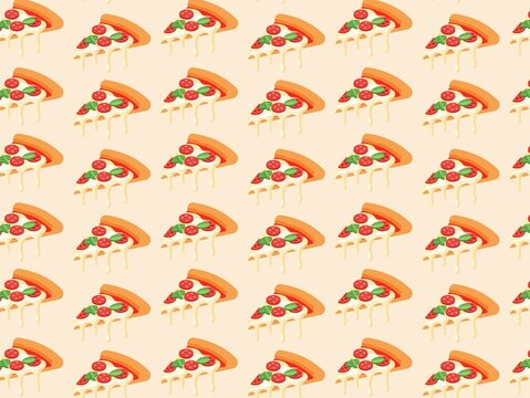 Seamless pattern featuring illustrated pizza slices set against a light beige background. Each slice has a golden-brown crust, melted cheese dripping, red pepperoni slices, and green basil leaves, arr