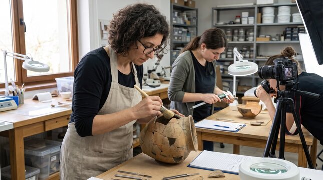 Female Archeologist Restoring Ancient Pottery Vessel in Laboratory. Concept of pottery restoration, ancient artifact, archaeology lab, museum curator.