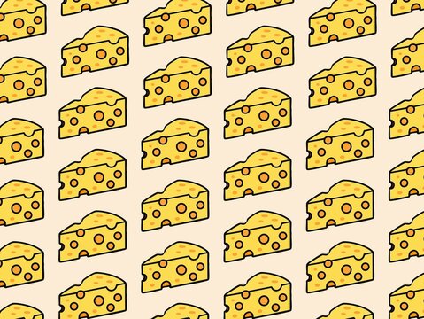 Illustration of a seamless pattern featuring slices of yellow Swiss cheese with holes. The cheese is depicted in a stylized cartoon form, arranged in diagonal rows on a light-colored background. Each 