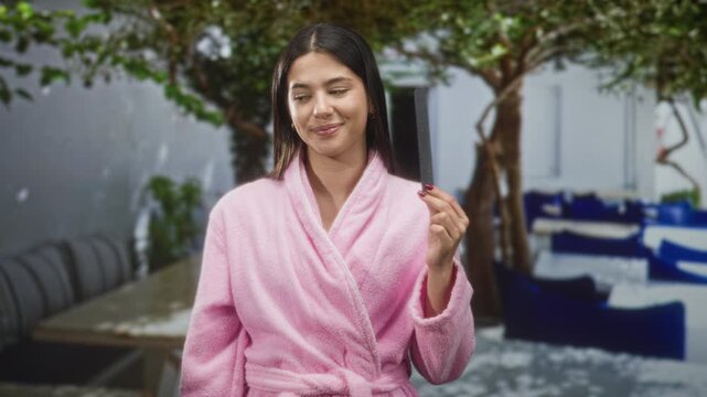 Woman in pink bathrobe holds an emeryboard, inspects painted nails in spa courtyard; self care serenity.