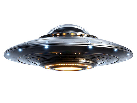 Futuristic silver flying saucer UFO spaceship hovering isolated on a white background