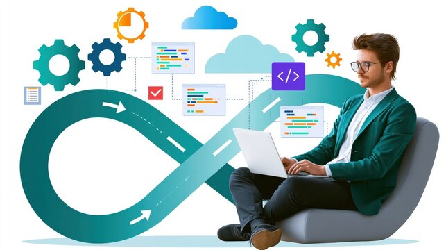 Young man working on laptop within a continuous development and operations loop concept illustration with cloud integration and coding elements