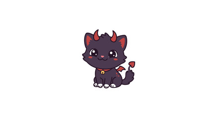 Fototapeta premium Cute Black Devil Cat Vector Illustration with Red Horns and Wings