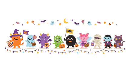Fototapeta premium Cute Halloween Monsters and Characters Trick or Treating with Candy and Costumes
