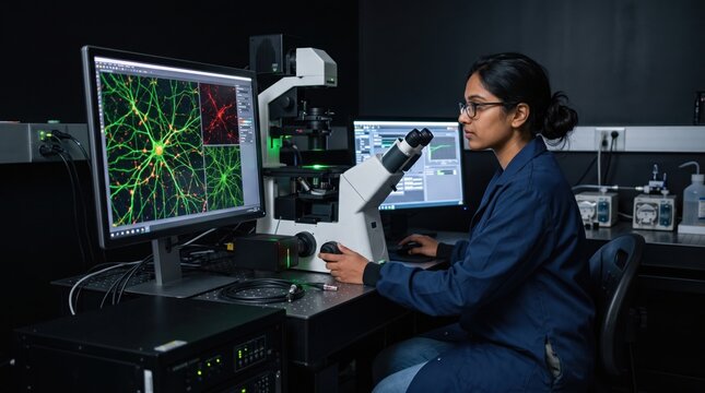 Female Scientist Analyzing Neurons on Monitor in Neuroscience Laboratory. Concept of microscope.