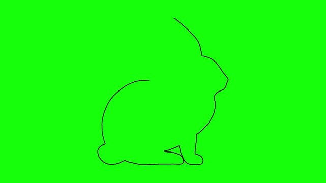 Minimalist continuous line art drawing of rabbit silhouette on solid green screen background.