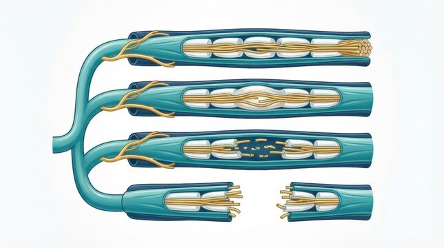 Detailed depiction of peripheral nerve anatomy highlighting nerve plexus, dermatome, and spinal nerve for educational reference in neurology studies