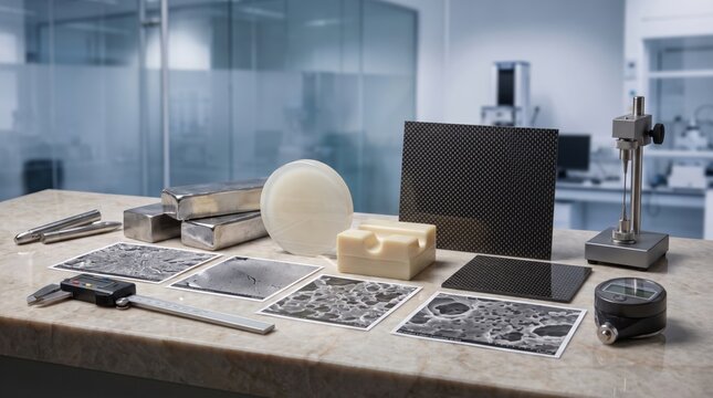 Material Science Laboratory Testing Equipment and Composite Samples. Concept of materials science, carbon fiber, metal alloy.